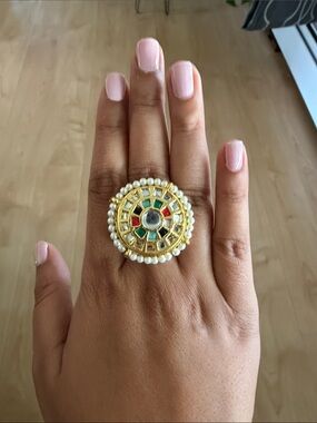 Multicolor Kundan Pearl Gold-Tone Statement Ring